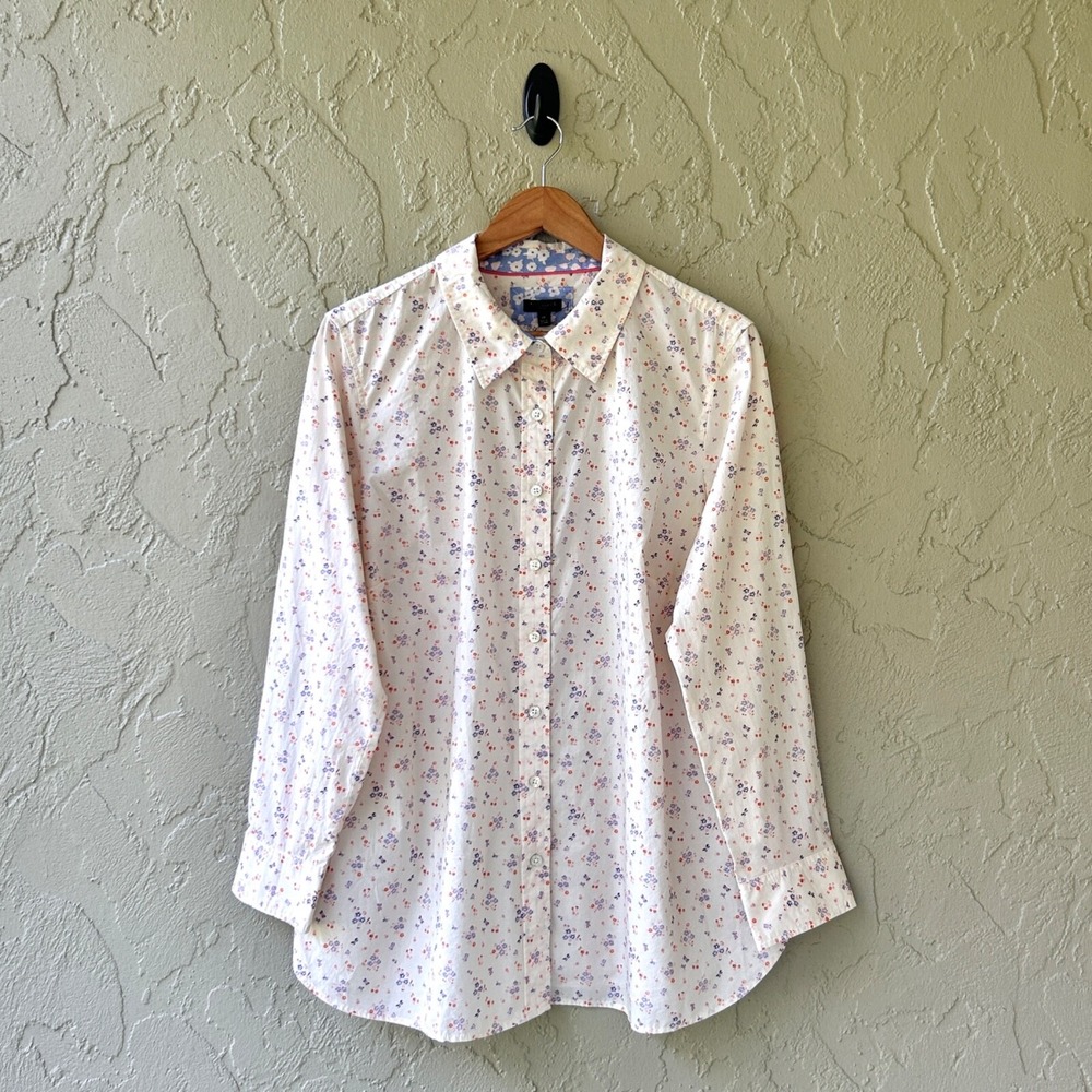 Talbots Plus Women's 1X Cream Classic 100% Cotton Ditsy Floral Button Shirt NWOT